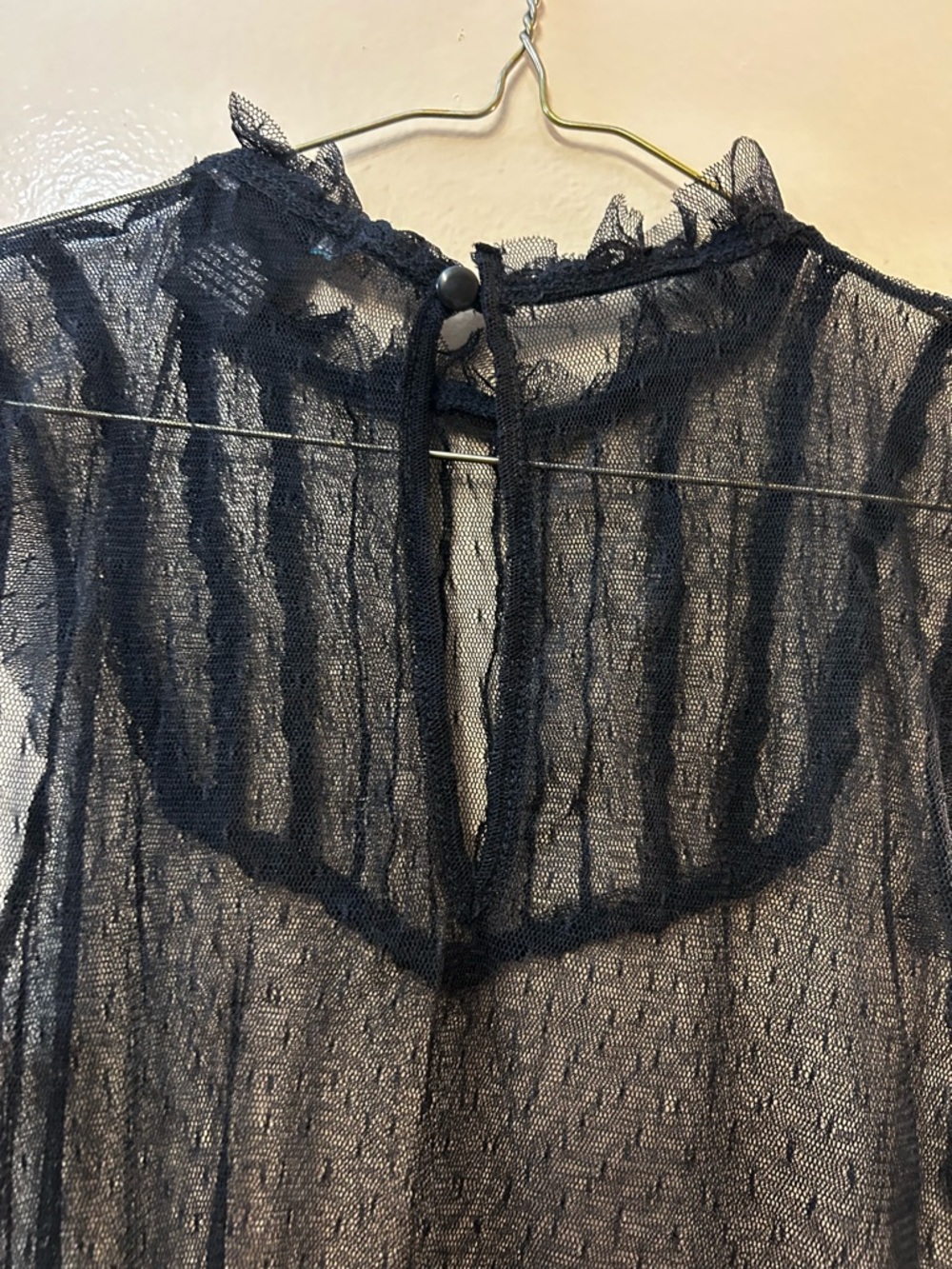 Sheer Black Ruffle-Neck Cap Sleeve Blouse - Picture 5 of 7